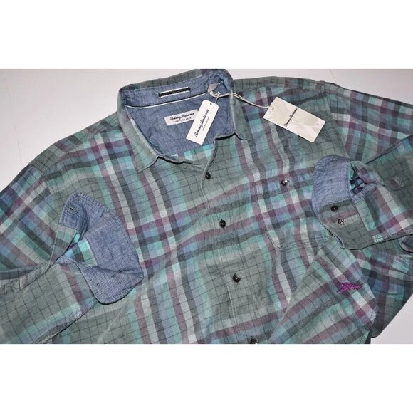 Tommy Bahama Men's Big and Tall 3XB Coastline Cord Verde Plaid Trout Green Shirt - Picture 2 of 9